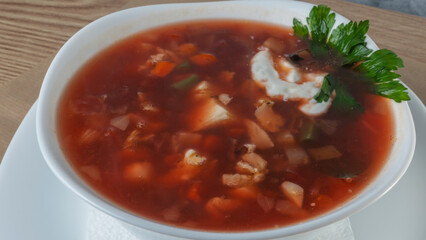Ukrainian traditional dish borsch. Homemade Russian Beet Borscht Soup.