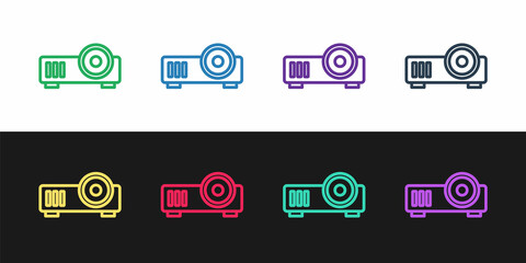 Set line Presentation, movie, film, media projector icon isolated on black and white background. Vector