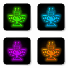 Obraz premium Glowing neon line Electric saving plug in leaf icon isolated on white background. Save energy electricity. Environmental protection. Bio energy. Black square button. Vector