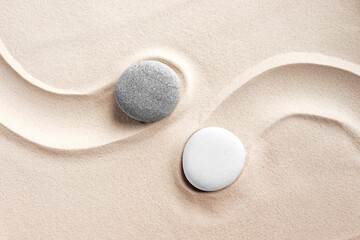 The yin and yang symbol. Balance. Good and evil. Stone garden for meditation. Japanese Zen concept....