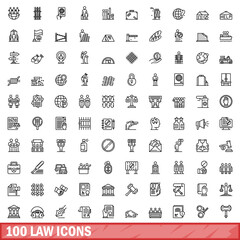 100 law icons set, outline style