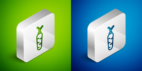 Isometric line Carrot icon isolated on green and blue background. Silver square button. Vector