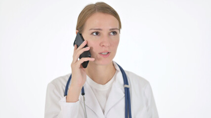 Female Doctor Talking on Phone on White Background