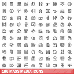 100 mass media icons set, outline style