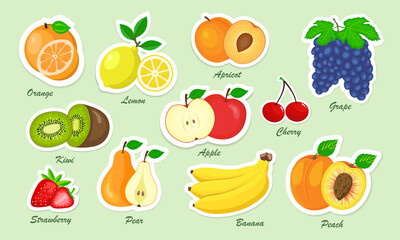 Set of fresh fruits stickers - obrazy, fototapety, plakaty