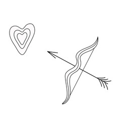 Black and white in outline style Cupid's arrow aims at the heart. Vector design concepts for Valentine's Day.