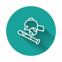 White line Baseball bat with ball, hat icon isolated with long shadow background. Green circle button. Vector