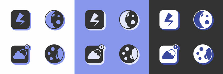 Set Moon phases, Lightning bolt, Weather forecast app and icon. Vector