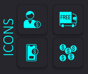 Set Dollar symbol, Buyer, Free delivery service and Mobile with dollar icon. Black square button. Vector