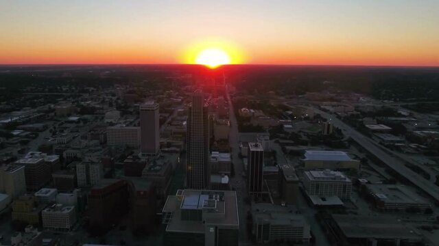 Sunset Over Omaha, Nebraska, Aerial Flying, Downtown, Amazing Cityscape