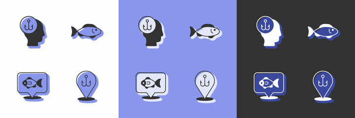 Set Fishing hook, Fisherman, Location fishing and icon. Vector