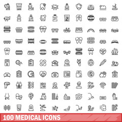 100 medical icons set, outline style