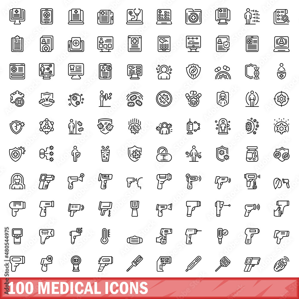 Wall mural 100 medical icons set, outline style