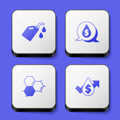 Set Canister for motor machine oil, Oil drop with dollar symbol, Molecule and price increase icon. White square button. Vector
