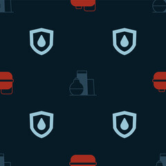 Set Canister for gasoline, Oil tank storage and drop on shield on seamless pattern. Vector