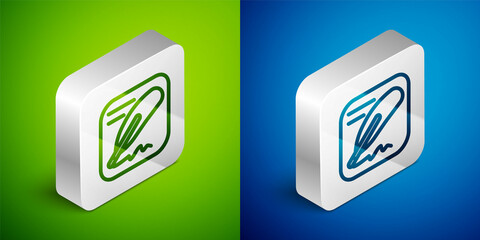 Isometric line Declaration of independence icon isolated on green and blue background. Silver square button. Vector