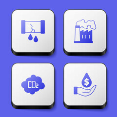 Set Broken oil pipe with valve, Oil and gas industrial factory, CO2 emissions cloud and drop dollar symbol icon. White square button. Vector