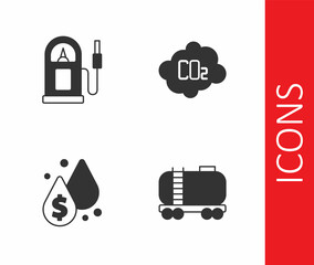 Set Oil railway cistern, Petrol or gas station, drop with dollar symbol and CO2 emissions in cloud icon. Vector