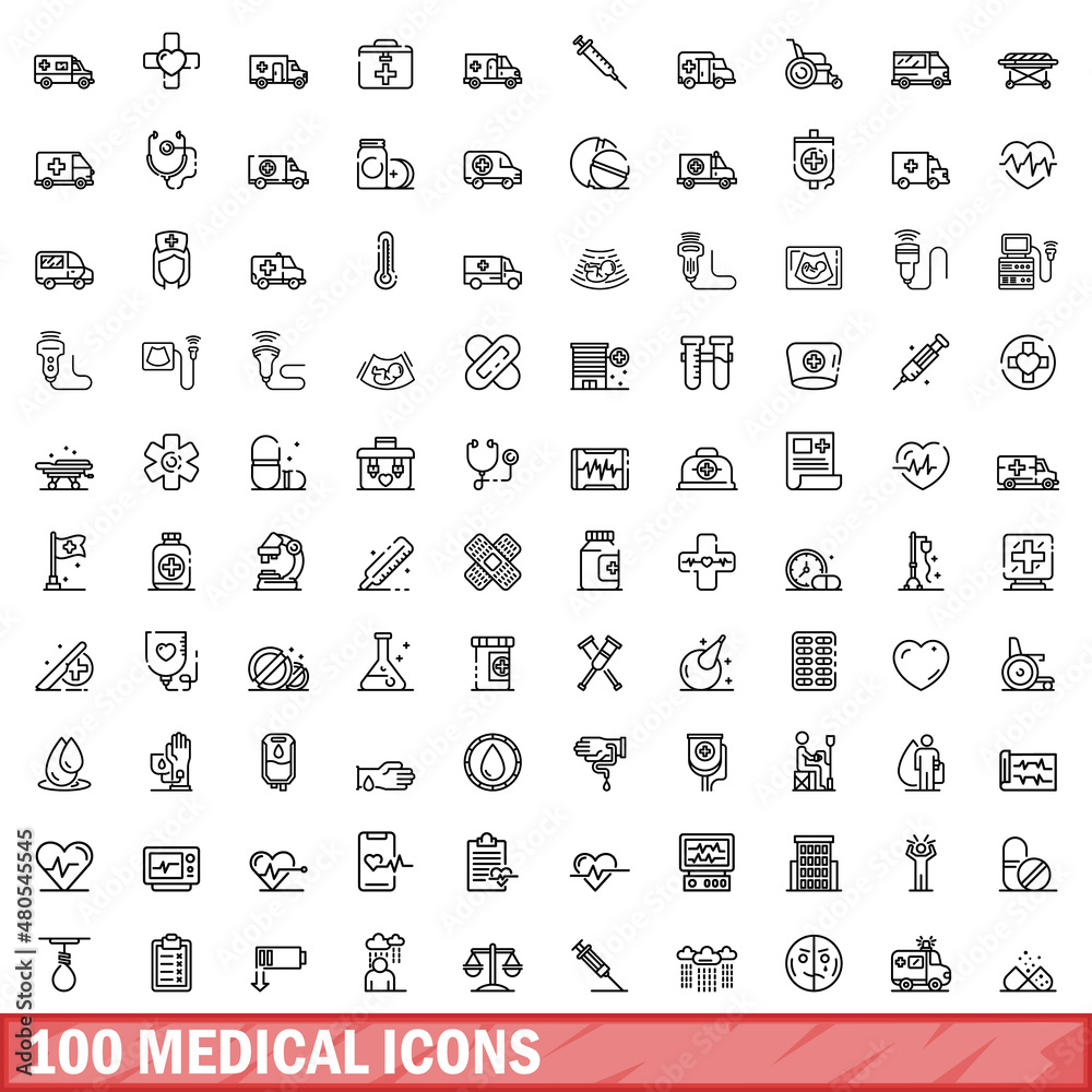 Wall mural 100 medical icons set, outline style - Wall murals