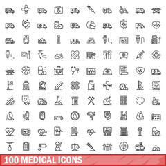 100 medical icons set, outline style