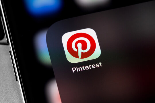 Pinterest icon mobile app on screen smartphone iPhone closeup. Pinterest is a social internet service, photo hosting. Moscow, Russia - November 11, 2021