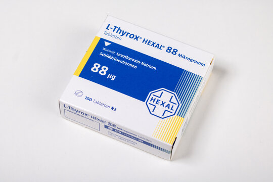 Neckargemuend, Germany: October 06, 2021: Packaging of the prescription drug L-Thyroxin Hexal, a Levothyroxine preparation is a manufactured form of the thyroid hormone thyroxine in the dosage 88mg.