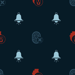 Fototapeta premium Set Lock, Cancelled fingerprint and Ringing alarm bell on seamless pattern. Vector