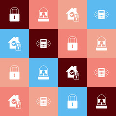 Set pop art Lock, Ringing alarm bell, House under protection and Security keypad access panel icon. Vector