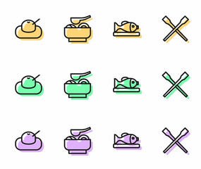 Set line Served fish on a plate, Mochi, Ramen soup bowl and Food chopsticks icon. Vector
