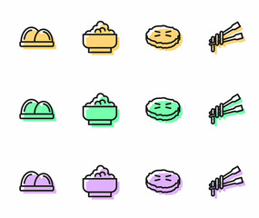 Set line Homemade pie, Sushi, Rice in bowl and Food chopsticks with noodles icon. Vector