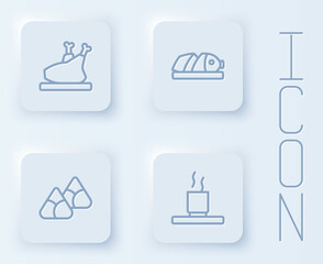 Set line Roasted turkey or chicken, Fish with sliced pieces, Zongzi in bamboo steamer and Cup of. White square button. Vector