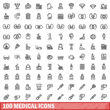 100 medical icons set, outline style