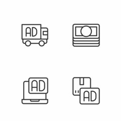 Set line Advertising, on truck and Stacks paper money cash icon. Vector