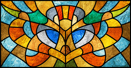 Sketch of a colored stained glass window. Art Nouveau. Abstract stained-glass background. Bright colors, colorful. Modern. Architectural decor. Design luxury interior. Light. Red, yellow, green, blue.