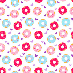 Donuts with hearts sprinkling seamless pattern. Food repeat vector illustration. Romantic design for Valentine's day, textile, wrapping paper, cafe stuff, birthday packaging, background