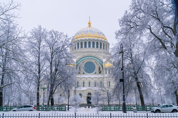 Russia. Kronstadt, January 12, 2022. View of St. Nicholas Naval Cathedral on a frosty day.