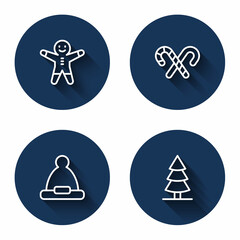 Set line Holiday gingerbread man cookie, Candy cane with stripes, Christmas Santa Claus hat and tree with long shadow. Blue circle button. Vector