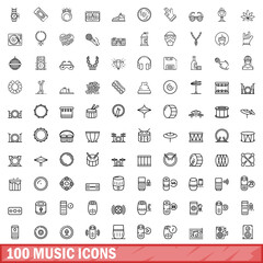 100 music icons set, outline style