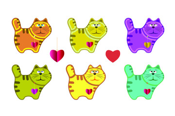 Valentine's day. Cute cats in different colors. Vector image. Postcard, background.