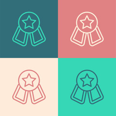Pop art line Medal with star icon isolated on color background. Winner symbol. Vector