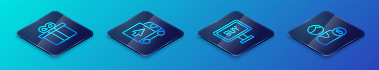 Set Isometric line Buy button, Gift box, Buyer and Delivery cargo truck icon. Vector