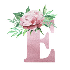 Floral alphabet watercolor pink color letter E with flowers bouquet composition and greenery