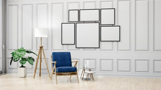 3D Mockup photo frames on white beautiful wall and blue armchair