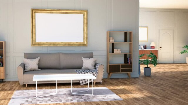 3D mockup photo frame and interior decorated with wooden furniture