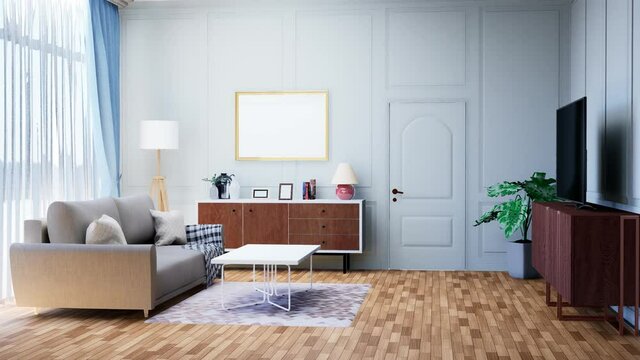 3D Mockup photo frame and wooden furniture in living room