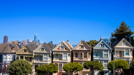Steiner St, Hayes St, San Francisco, California USA, October 2, 2019: Painted Ladies Houses near Alamo Square