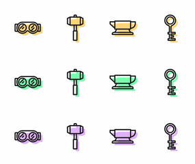 Set line Blacksmith anvil tool, Welding glasses, Sledgehammer and Old key icon. Vector