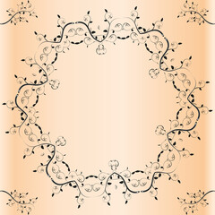 A symmetrical pattern of abstract figures creates an ornament in the form of branches and leaves of the plant. Ornament on brown gradient background