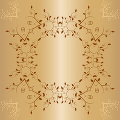 A symmetrical pattern of abstract figures creates an ornament in the form of branches and leaves of the plant. Ornament on brown gradient background
