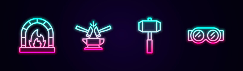 Set line Blacksmith oven, Anvil and hammer, Sledgehammer and Welding glasses. Glowing neon icon. Vector